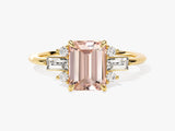 Emerald Cut Peach Morganite Engagement Ring with Baguette and Round Sidestones