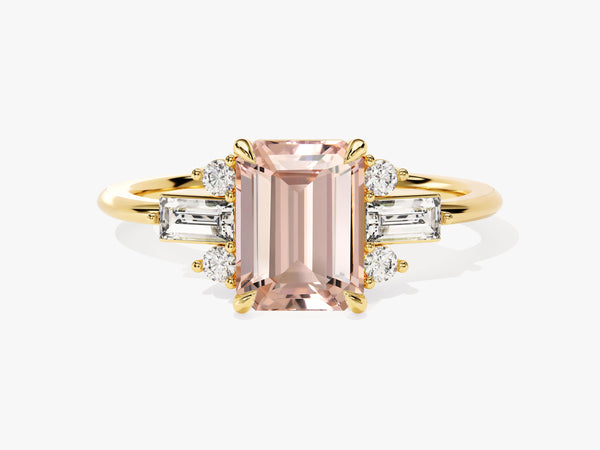 Emerald Cut Peach Morganite Engagement Ring with Baguette and Round Sidestones