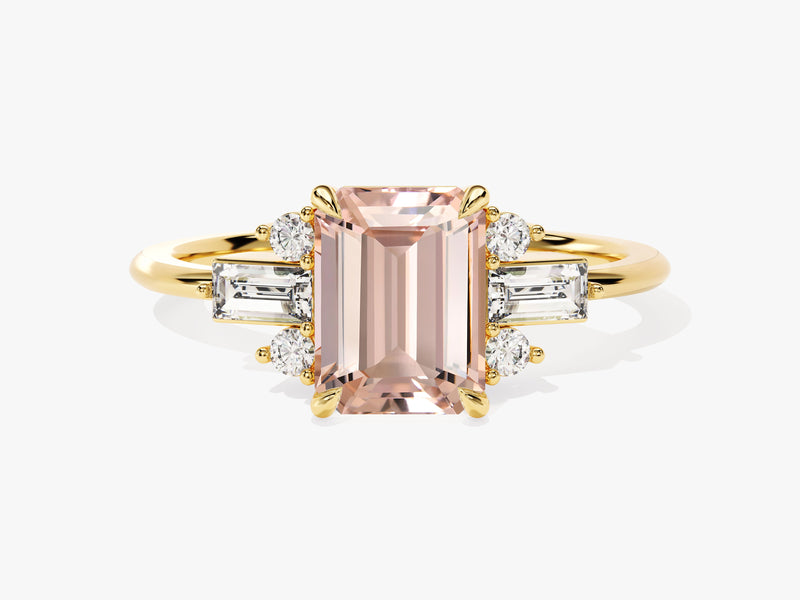 Emerald Cut Peach Morganite Engagement Ring with Baguette and Round Sidestones