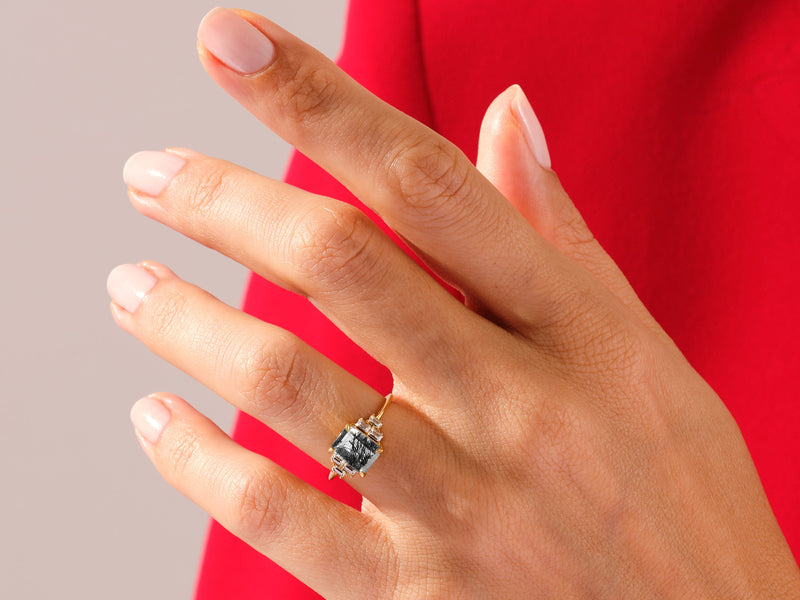 Emerald Cut Black Rutilated Quartz Engagement Ring with Baguette Moissanite Sidestones