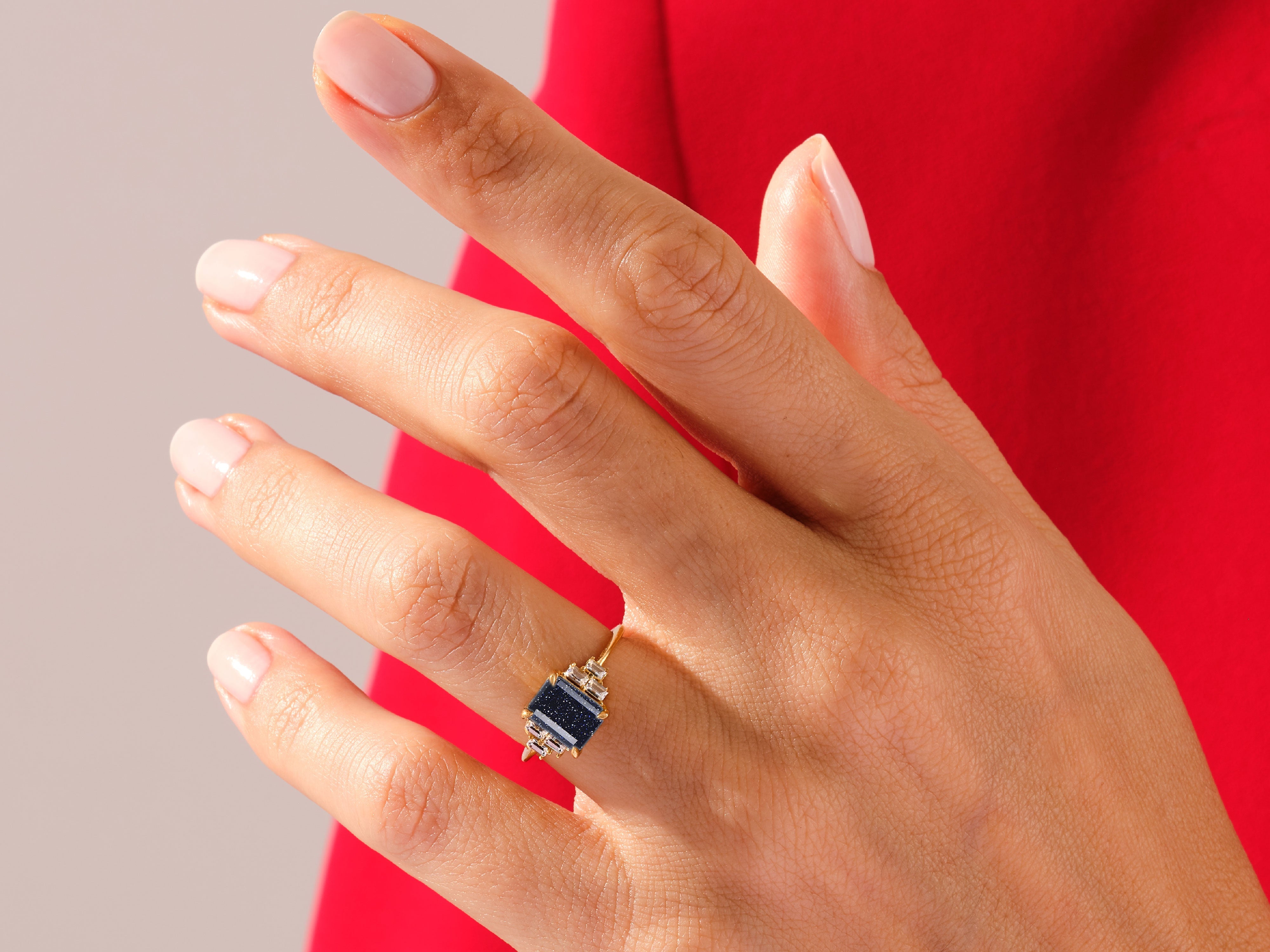 Emerald Cut Blue Sandstone Engagement Ring with Baguette Moissanite Sidestones