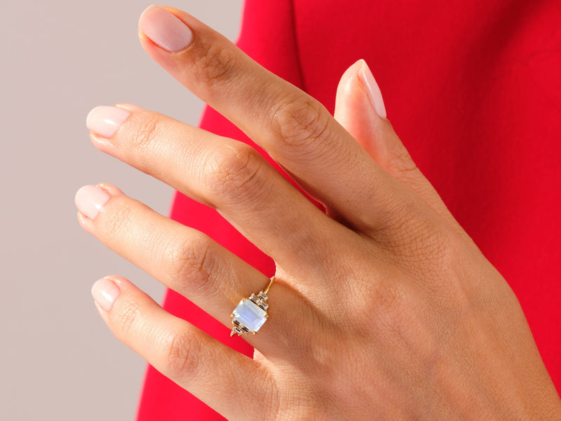 Emerald Cut Moonstone Engagement Ring with Baguette Moissanite Sidestones