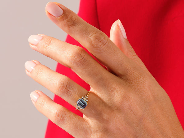 Emerald Cut Lab Alexandrite Engagement Ring with Baguette Moissanite Sidestones