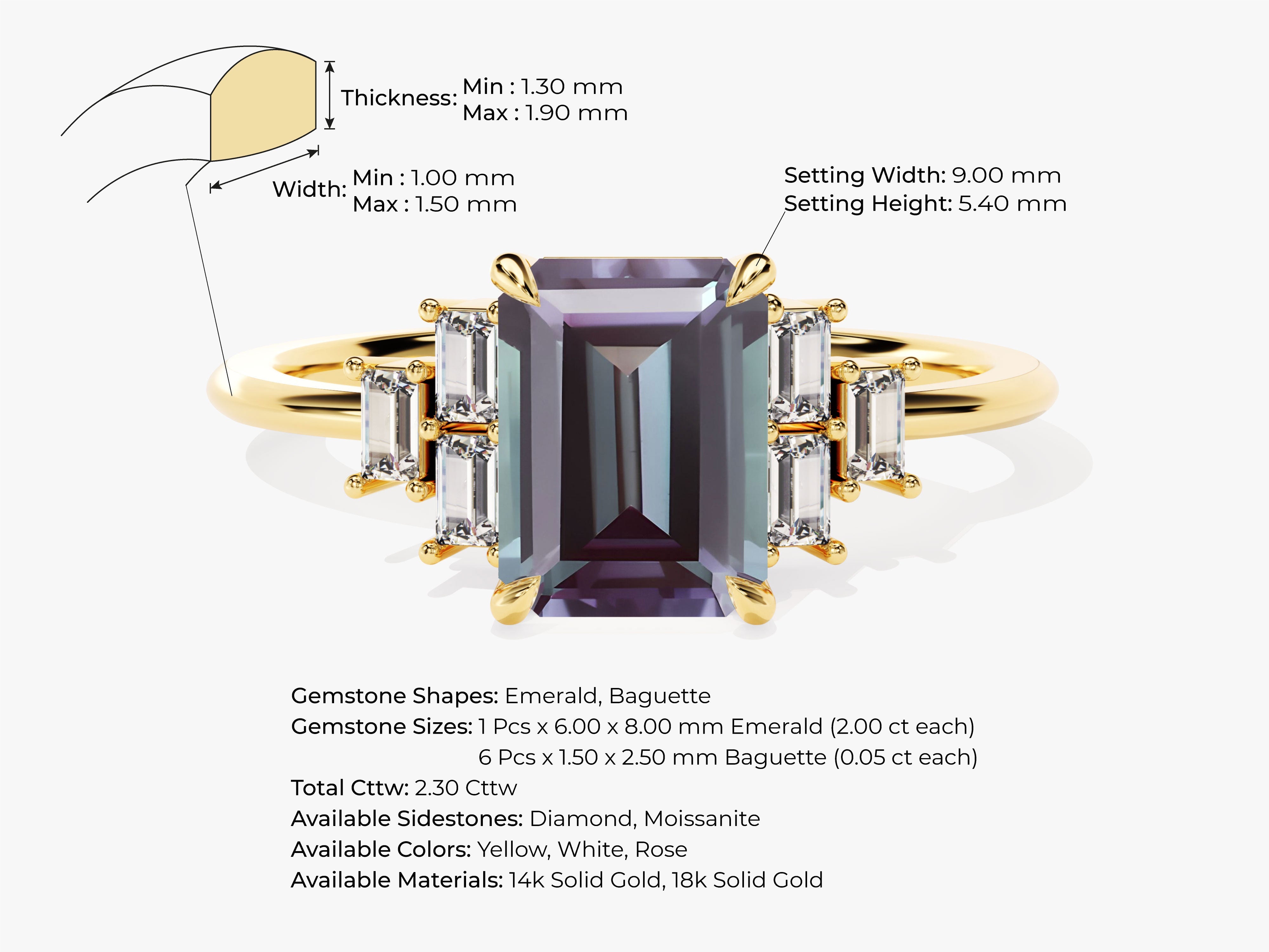 Emerald Cut Lab Alexandrite Engagement Ring with Baguette Moissanite Sidestones