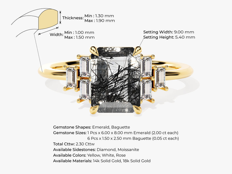 Emerald Cut Black Rutilated Quartz Engagement Ring with Baguette Moissanite Sidestones