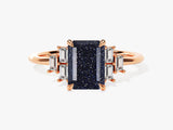 Emerald Cut Blue Sandstone Engagement Ring with Baguette Moissanite Sidestones
