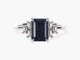 Emerald Cut Blue Sandstone Engagement Ring with Baguette Moissanite Sidestones