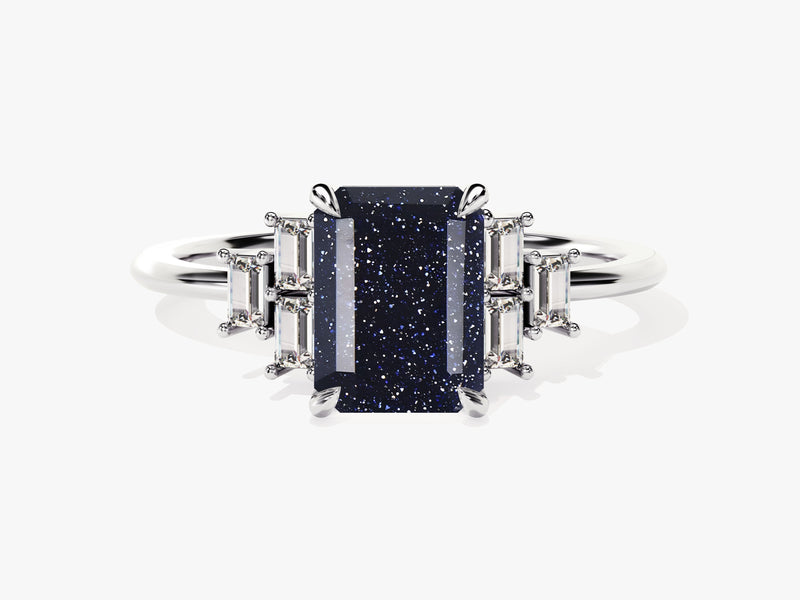 Emerald Cut Blue Sandstone Engagement Ring with Baguette Moissanite Sidestones