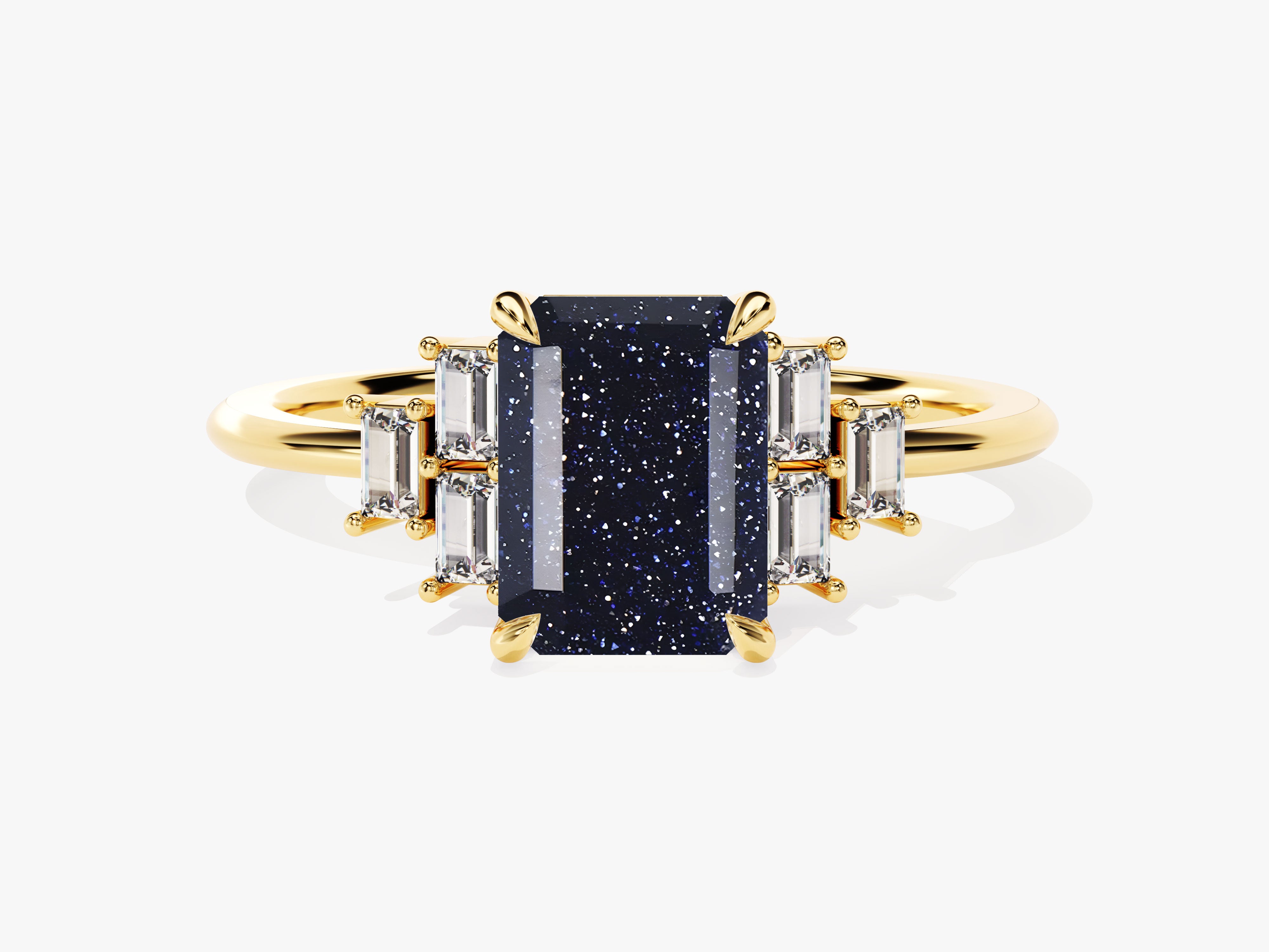 Gold ring with blue sandstone and baguette diamonds