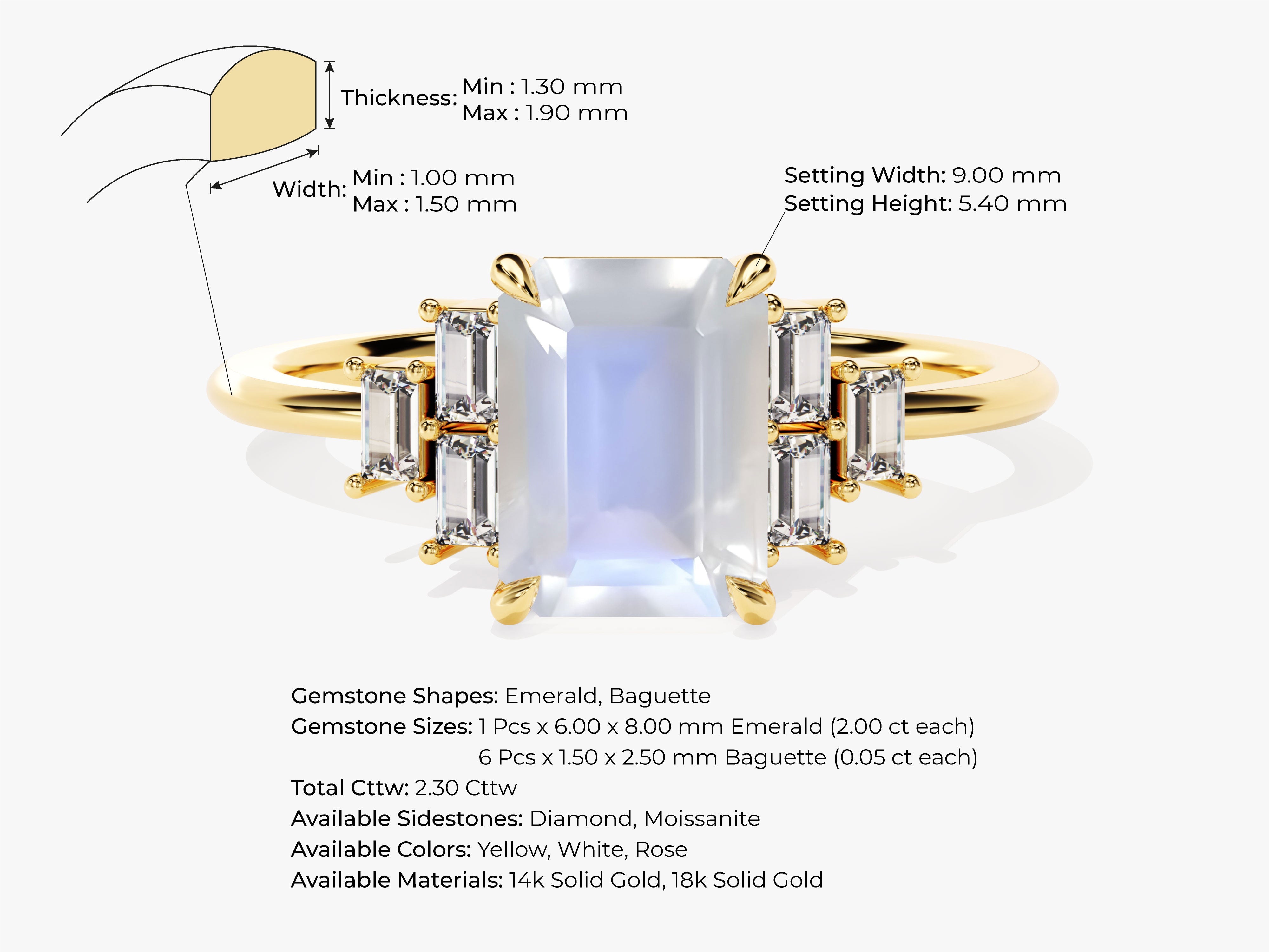 Emerald Cut Moonstone Engagement Ring with Baguette Moissanite Sidestones