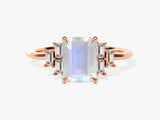 Emerald Cut Moonstone Engagement Ring with Baguette Moissanite Sidestones