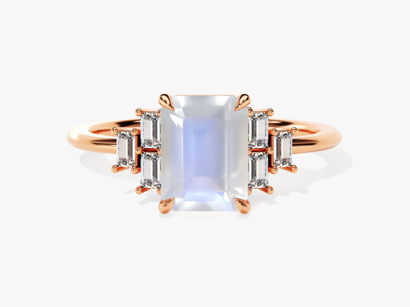 Emerald Cut Moonstone Engagement Ring with Baguette Moissanite Sidestones