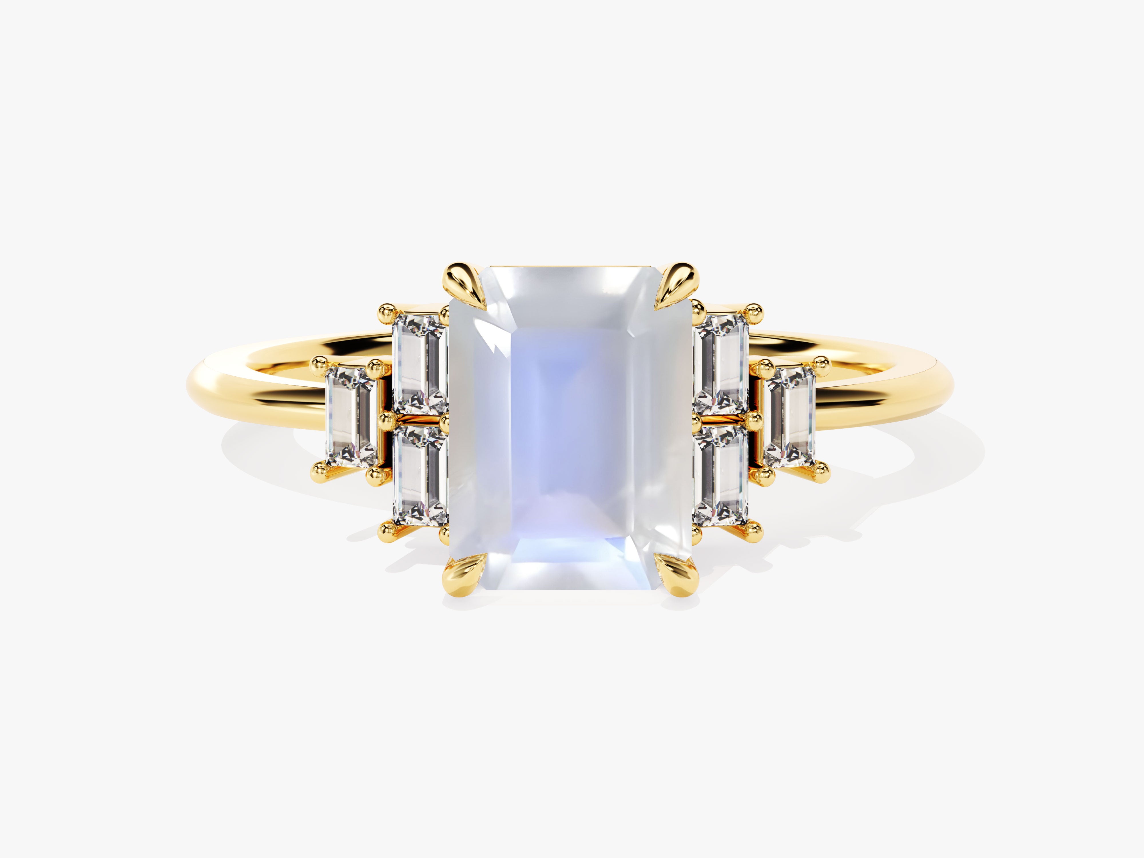 Gold ring with emerald-cut moonstone and baguette diamonds