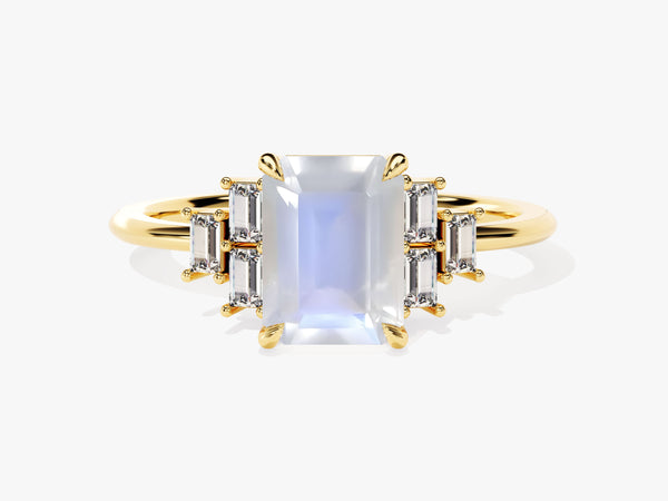 Emerald Cut Moonstone Engagement Ring with Baguette Moissanite Sidestones