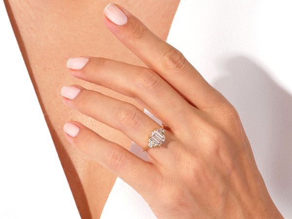 Emerald Cut Peach Morganite Engagement Ring with Baguette Sidestones