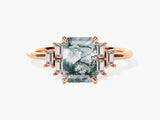 Emerald Cut Moss Agate Engagement Ring with Baguette Moissanite Sidestones