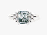 Emerald Cut Moss Agate Engagement Ring with Baguette Moissanite Sidestones