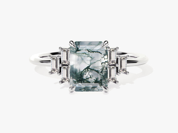 Emerald Cut Moss Agate Engagement Ring with Baguette Moissanite Sidestones