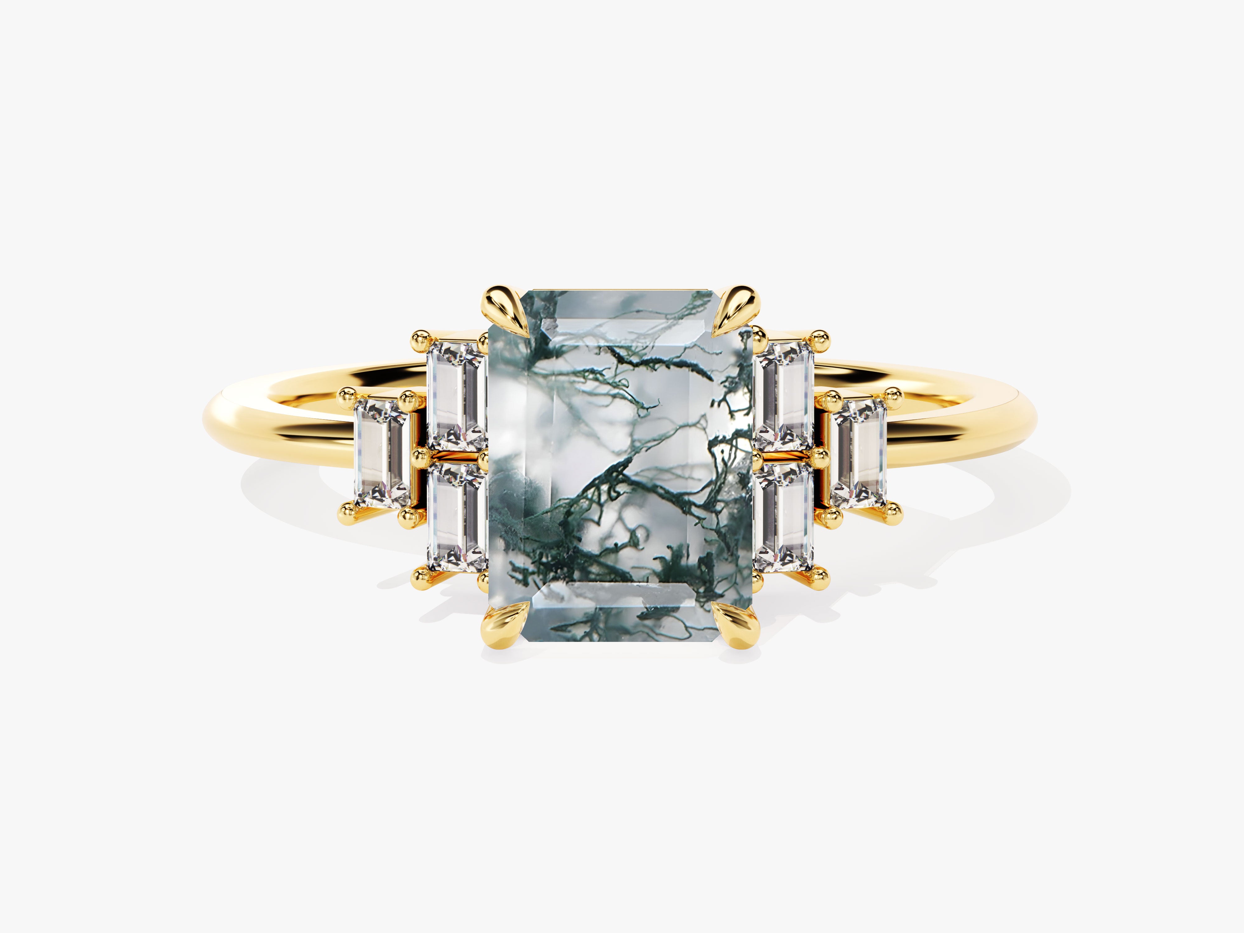 Emerald cut moss agate ring with baguette diamonds on gold band
