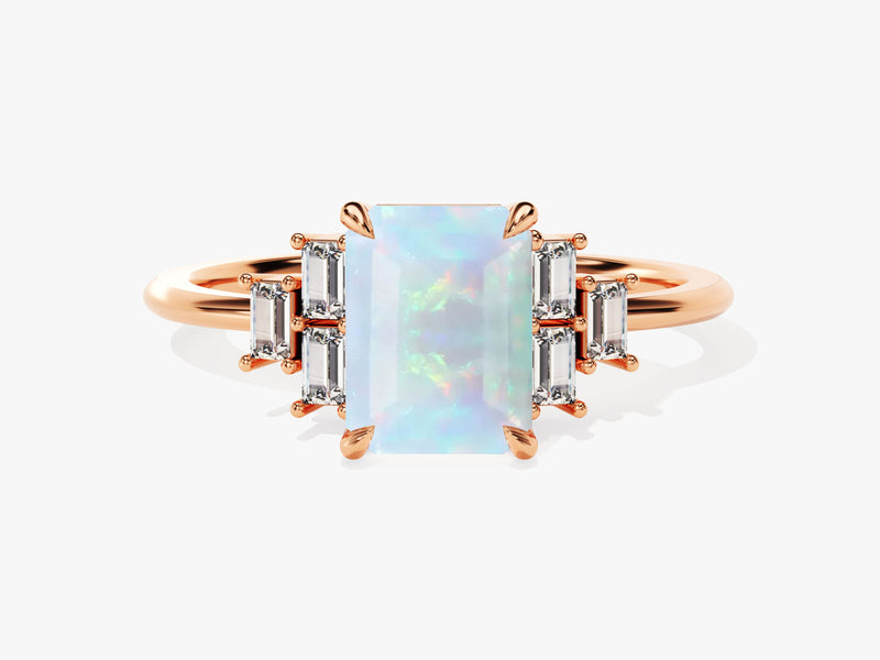 Emerald Cut Opal Engagement Ring with Baguette Moissanite Sidestones