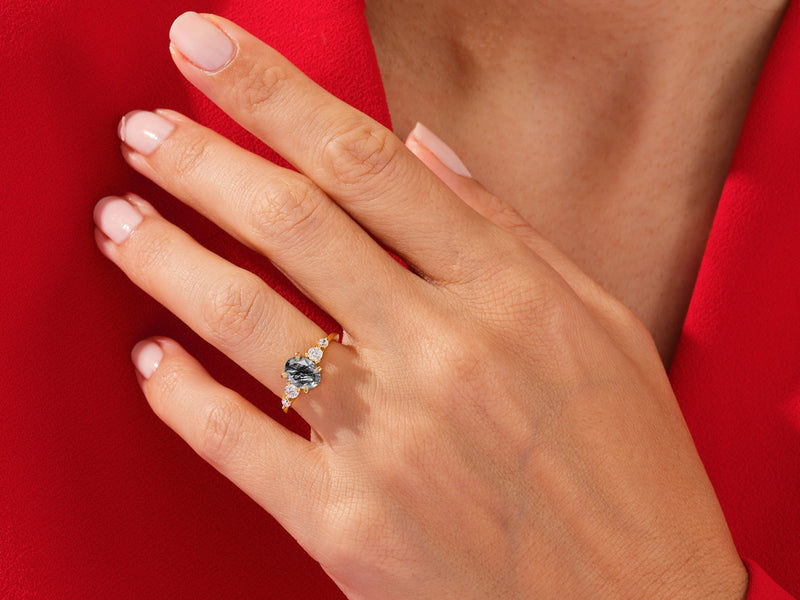 Oval Black Rutilated Quartz Engagement Ring with Moissanite Sidestones