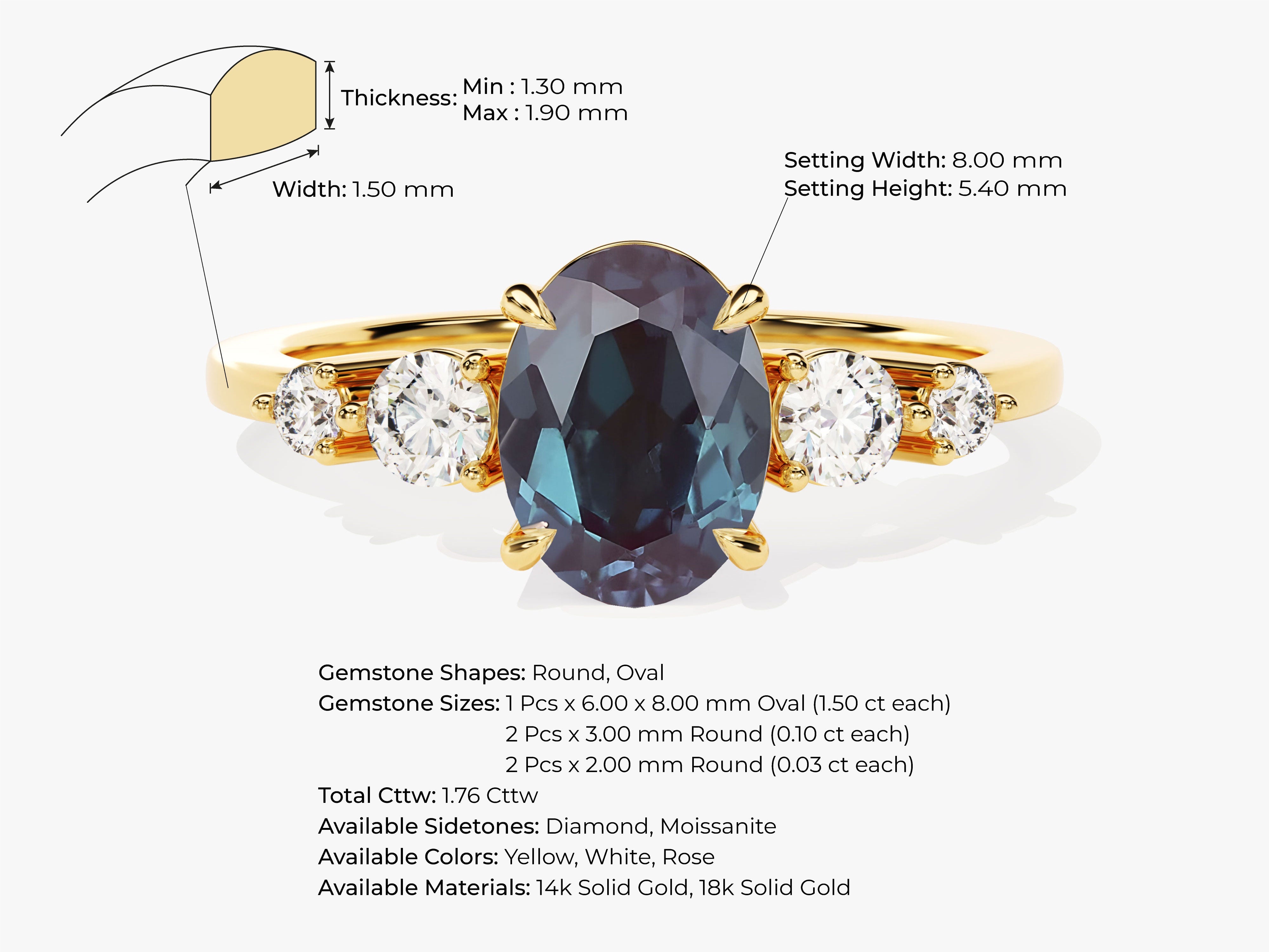 Oval Lab Alexandrite Engagement Ring with Moissanite Sidestones