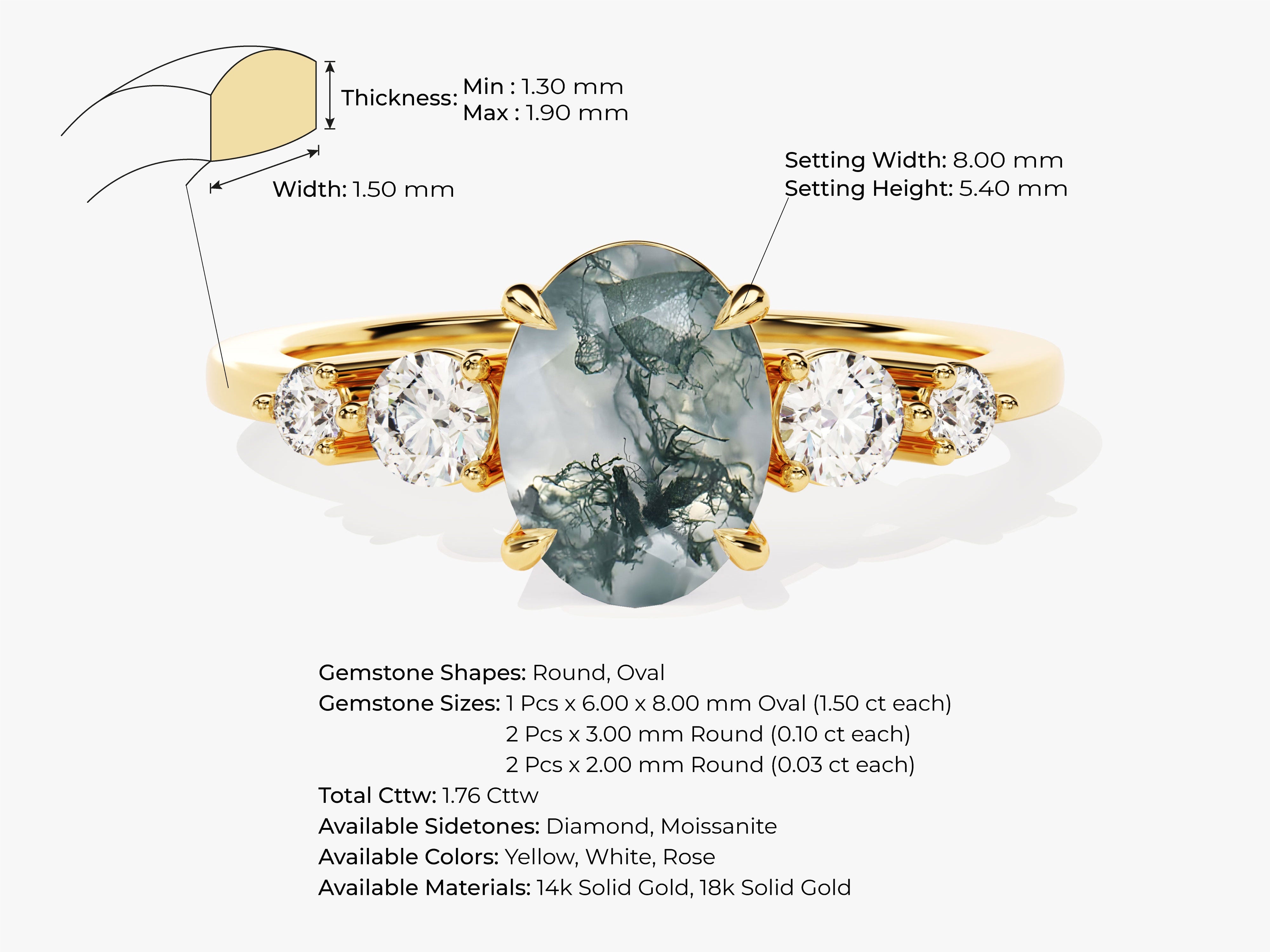 Oval Moss Agate Engagement Ring with Moissanite Sidestones