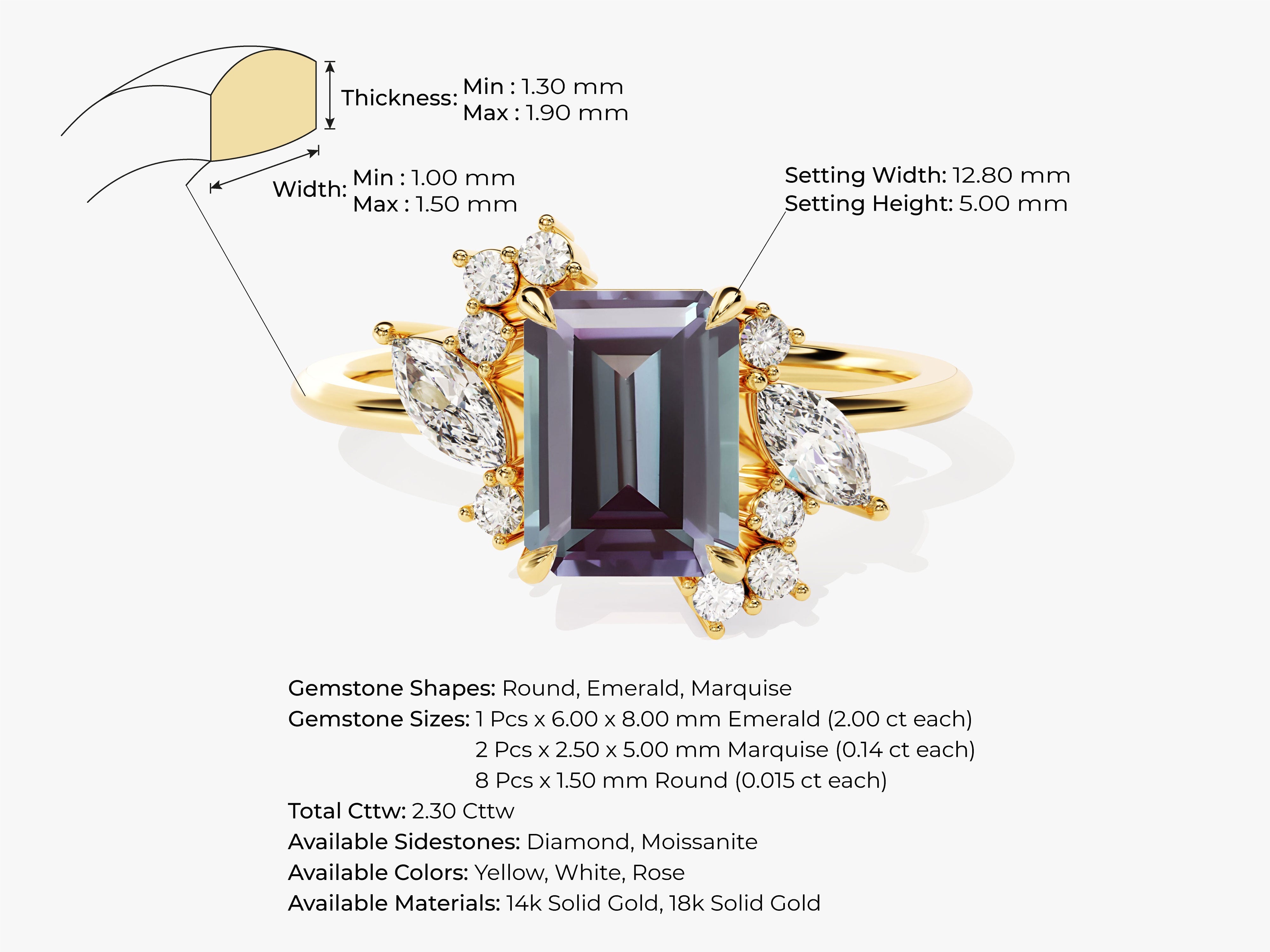 Emerald Cut Lab Alexandrite Engagement Ring with Marquise and Round Moissanite Sidestones