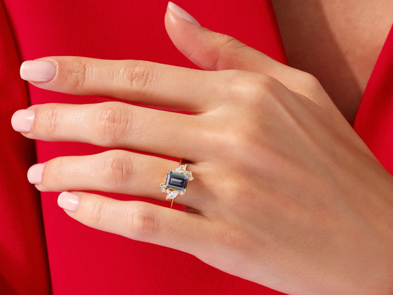 Emerald Cut Lab Alexandrite Engagement Ring with Marquise and Round Moissanite Sidestones