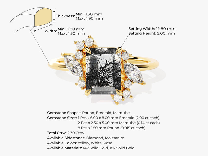 Emerald Cut Black Rutilated Quartz Engagement Ring with Marquise and Round Moissanite Sidestones