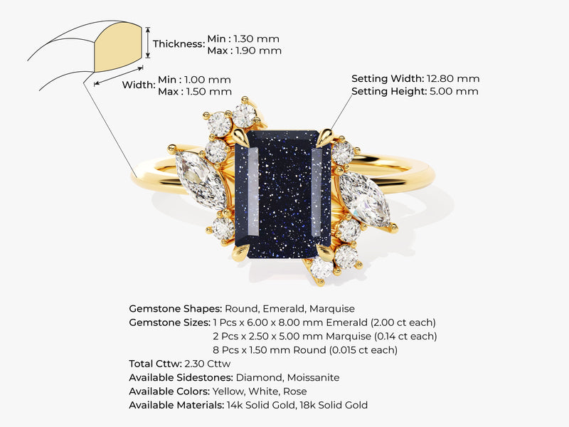 Emerald Cut Blue Sandstone Engagement Ring with Marquise and Round Moissanite Sidestones