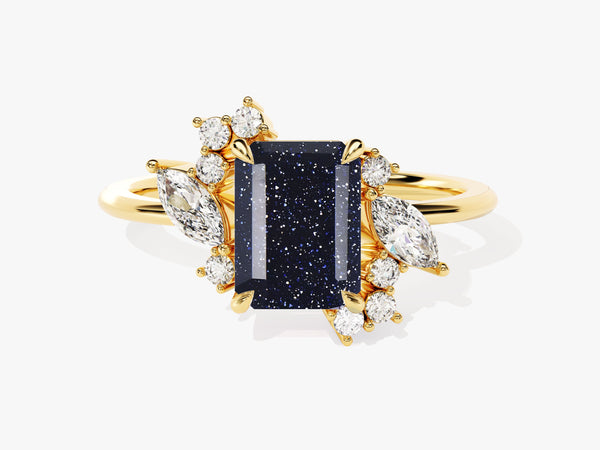 Emerald Cut Blue Sandstone Engagement Ring with Marquise and Round Moissanite Sidestones