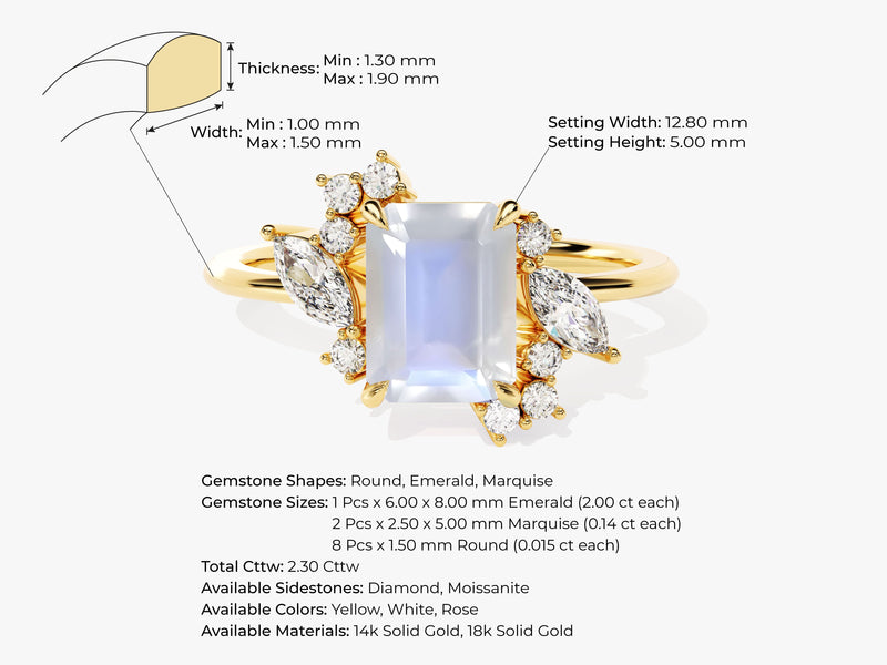 Emerald Cut Moonstone Engagement Ring with Marquise and Round Moissanite Sidestones