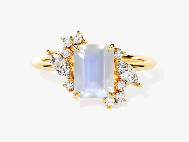 Emerald Cut Moonstone Engagement Ring with Marquise and Round Moissanite Sidestones