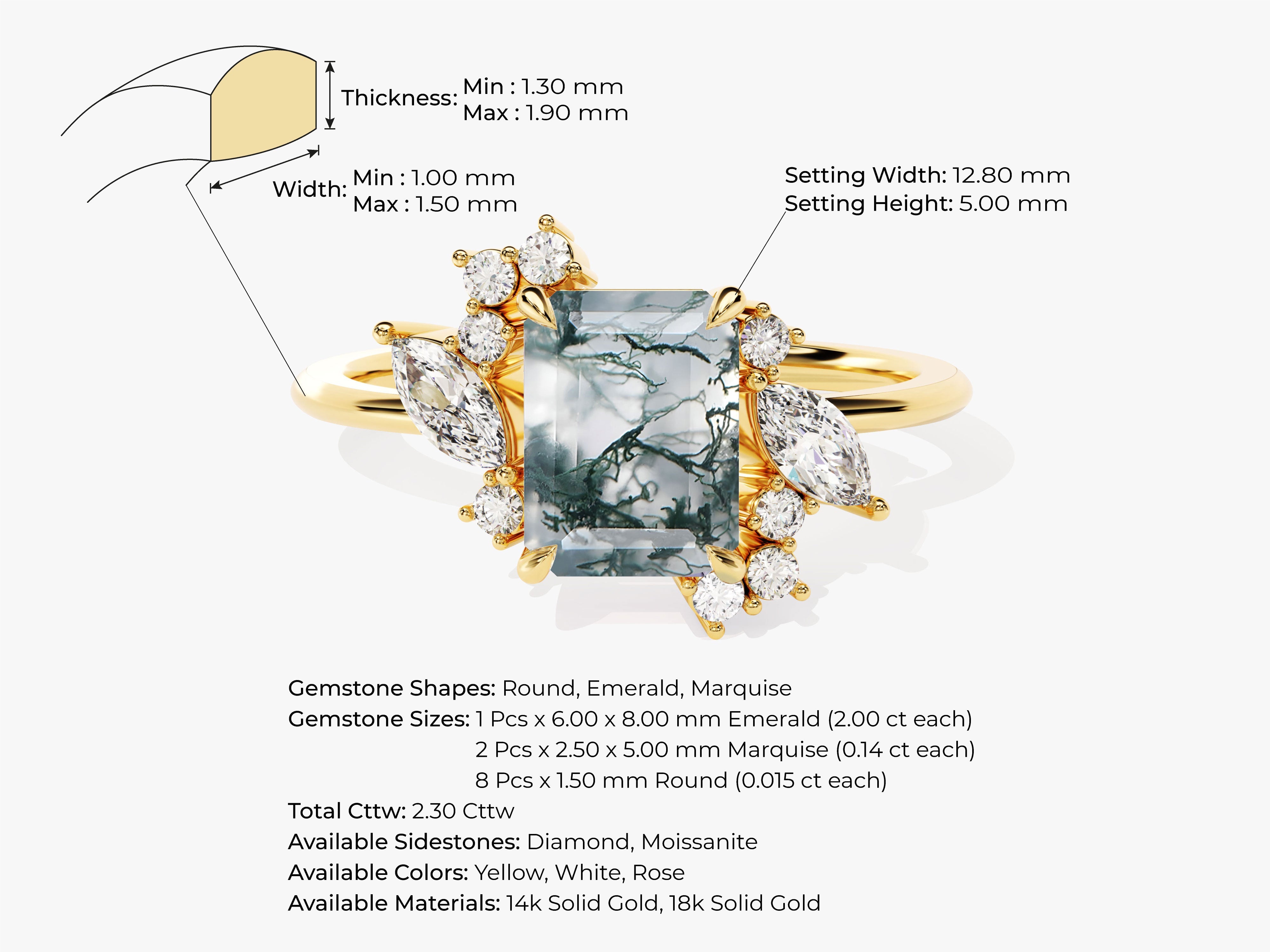 Emerald Cut Moss Agate Engagement Ring with Marquise and Round Moissanite Sidestones