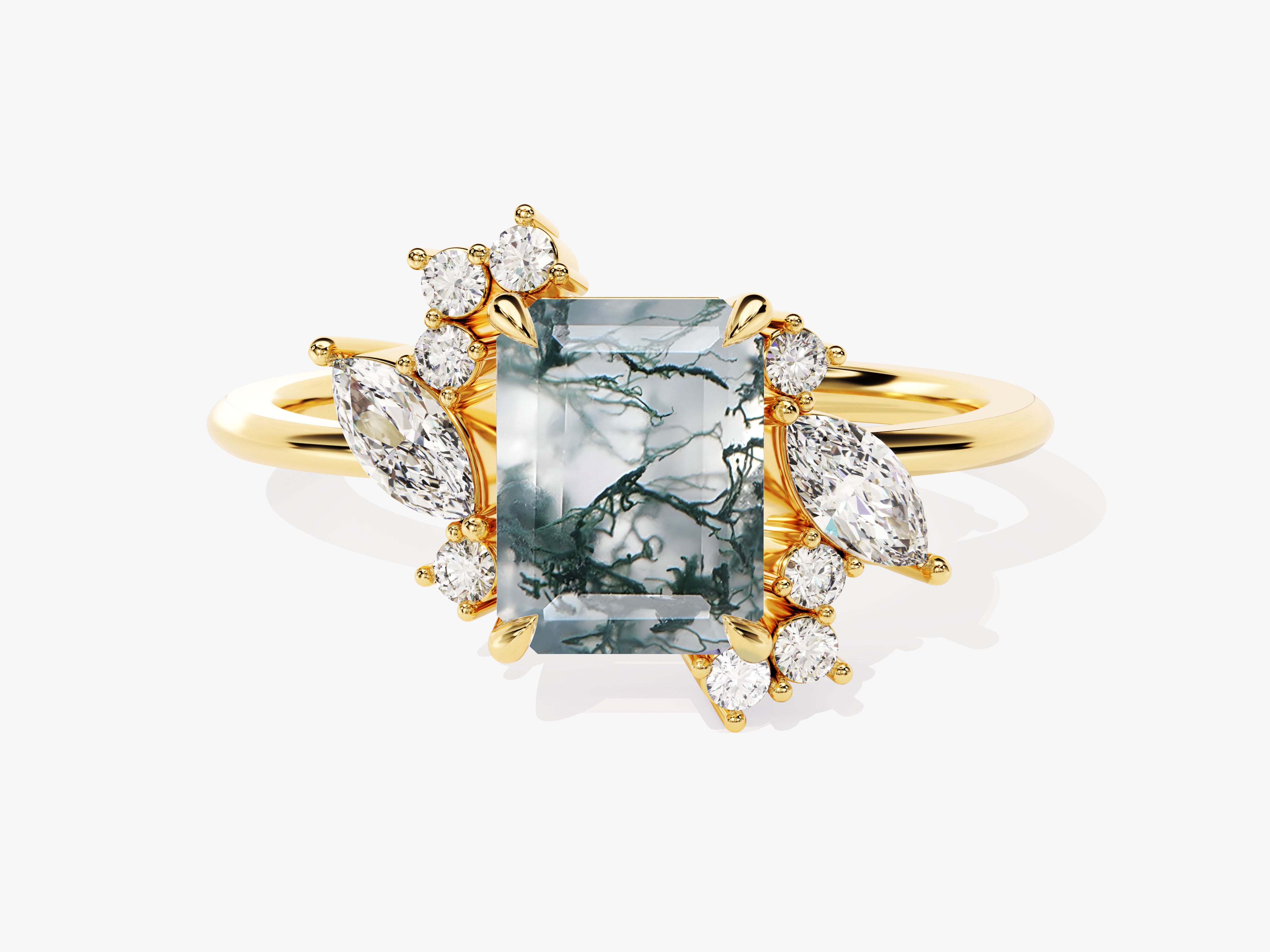 Gold ring with moss agate and diamond accents