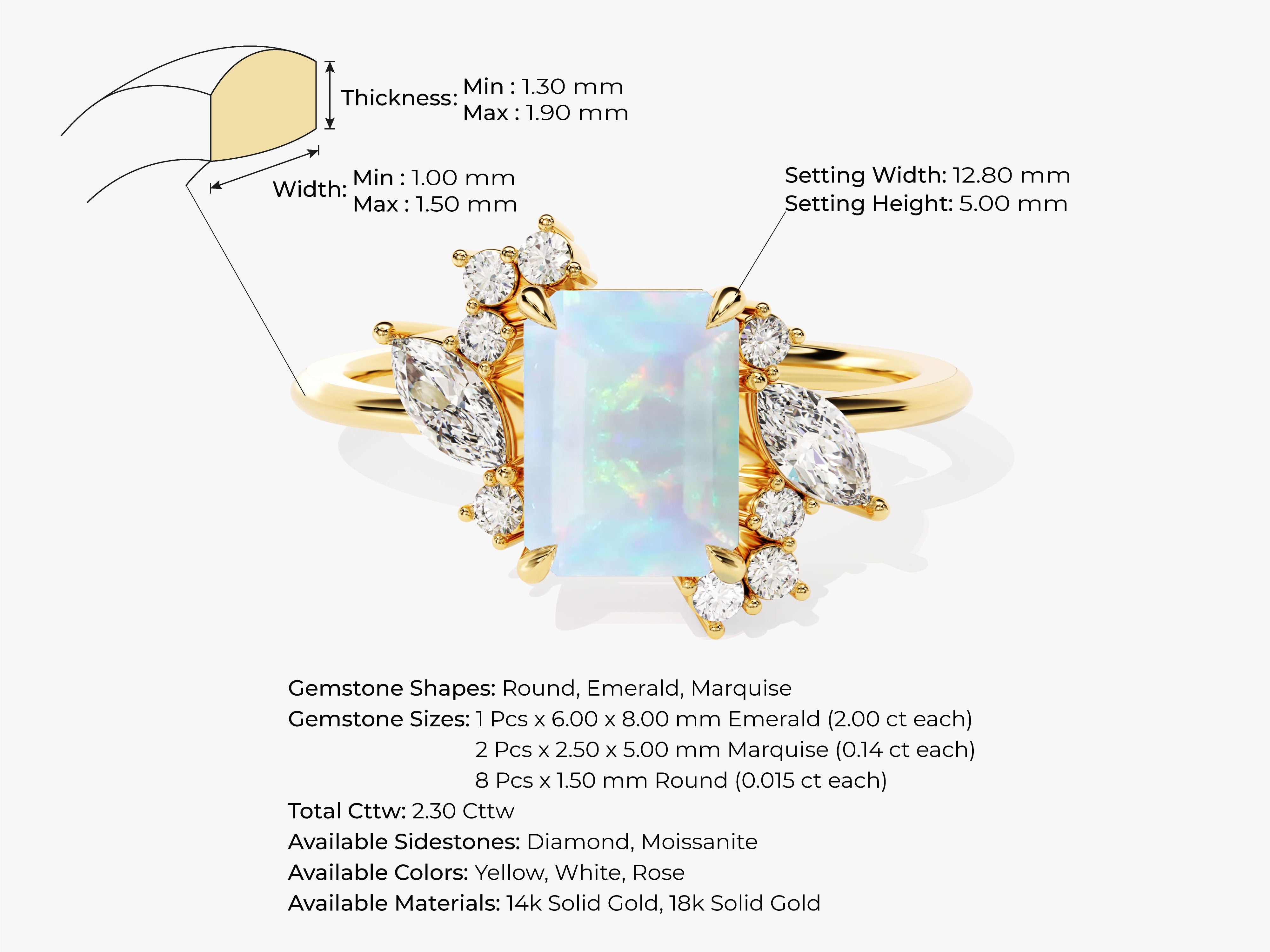 Emerald Cut Opal Engagement Ring with Marquise and Round Moissanite Sidestones