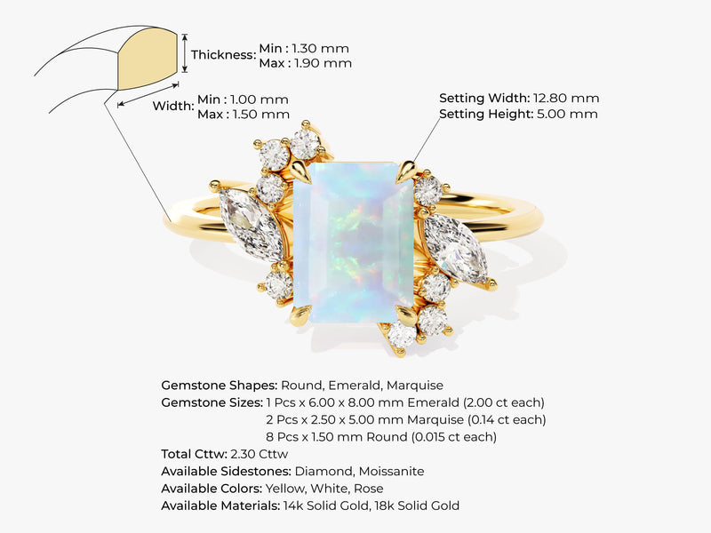 Emerald Cut Opal Engagement Ring with Marquise and Round Moissanite Sidestones