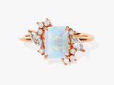 Emerald Cut Opal Engagement Ring with Marquise and Round Moissanite Sidestones