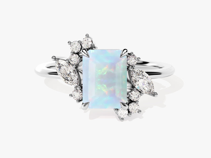 Emerald Cut Opal Engagement Ring with Marquise and Round Moissanite Sidestones