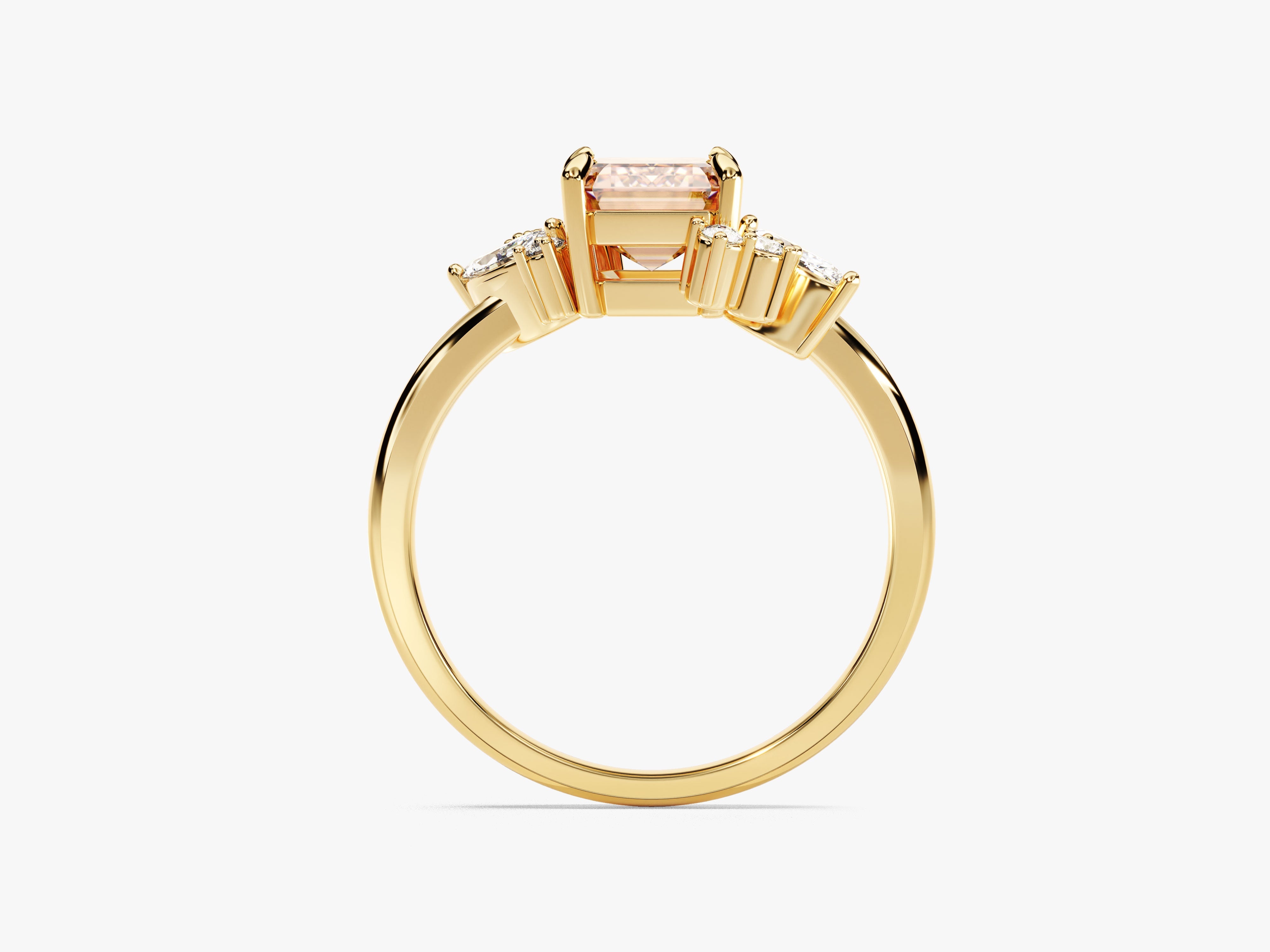 Emerald Cut Peach Morganite Engagement Ring with Round and Marquise Moissanites