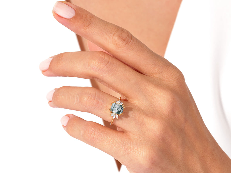 Emerald Cut Moss Agate Engagement Ring with Marquise Moissanite Sidestones