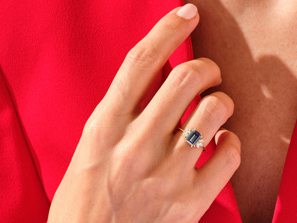 Emerald Cut Lab Alexandrite Engagement Ring with Marquise Moissanite Sidestones