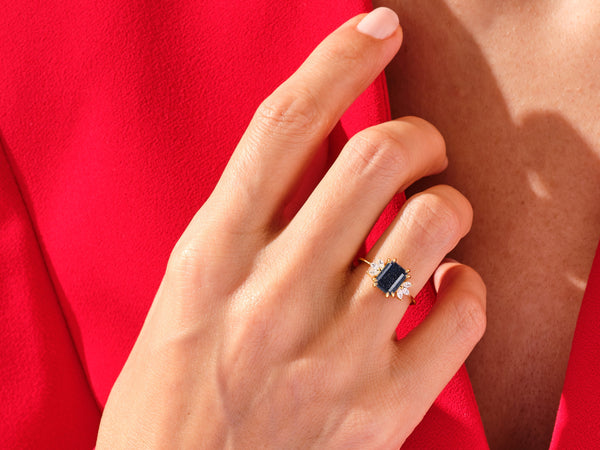 Emerald Cut Blue Sandstone Engagement Ring with Marquise Moissanite Sidestones