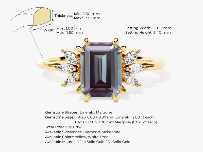 Emerald Cut Lab Alexandrite Engagement Ring with Marquise Moissanite Sidestones
