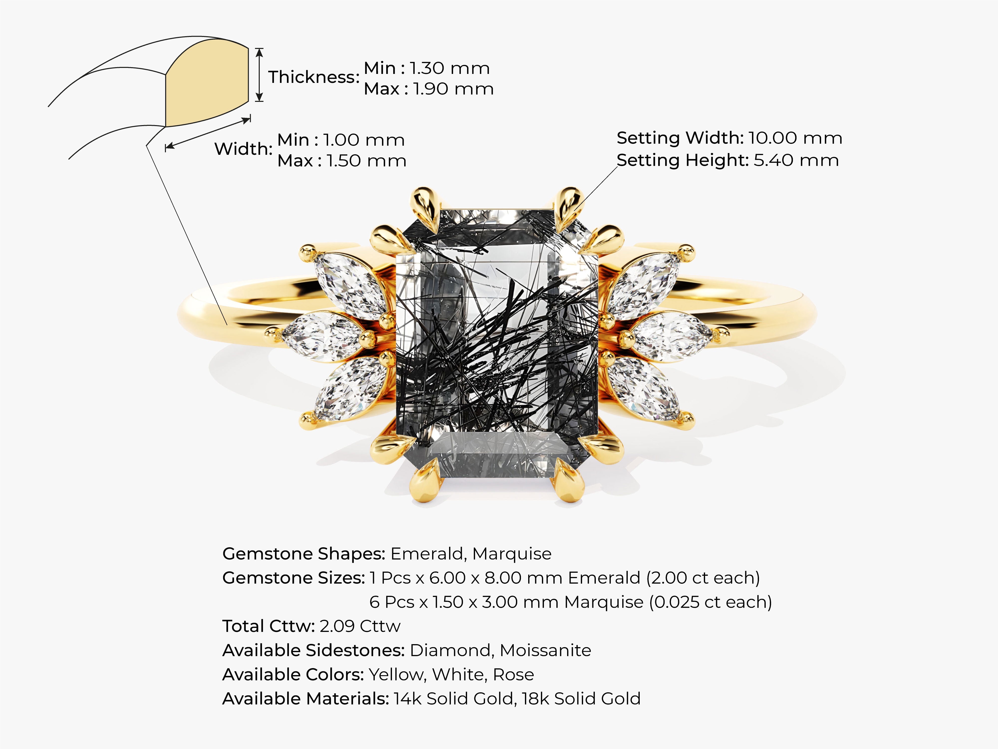Emerald Cut Black Rutilated Quartz Engagement Ring with Marquise Moissanite Sidestones