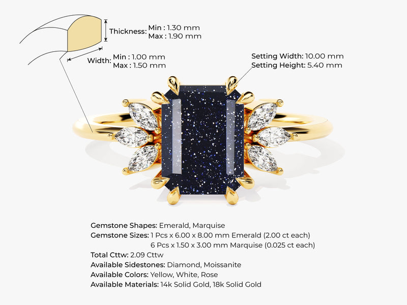 Emerald Cut Blue Sandstone Engagement Ring with Marquise Moissanite Sidestones