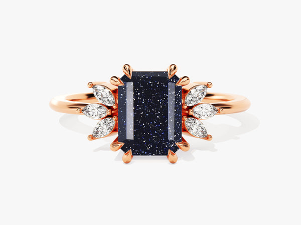 Emerald Cut Blue Sandstone Engagement Ring with Marquise Moissanite Sidestones