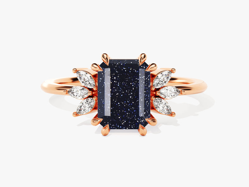 Emerald Cut Blue Sandstone Engagement Ring with Marquise Moissanite Sidestones