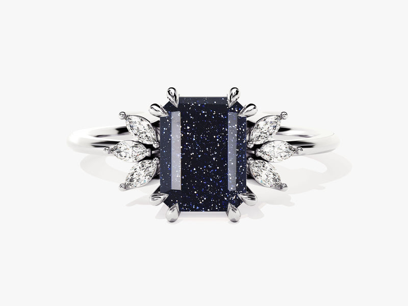 Emerald Cut Blue Sandstone Engagement Ring with Marquise Moissanite Sidestones